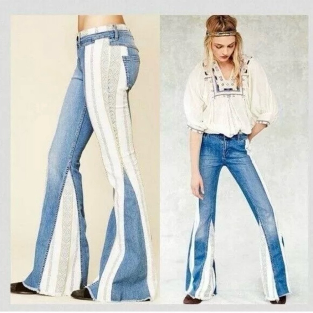 Free People Denim and Cream Wide Leg Jeans